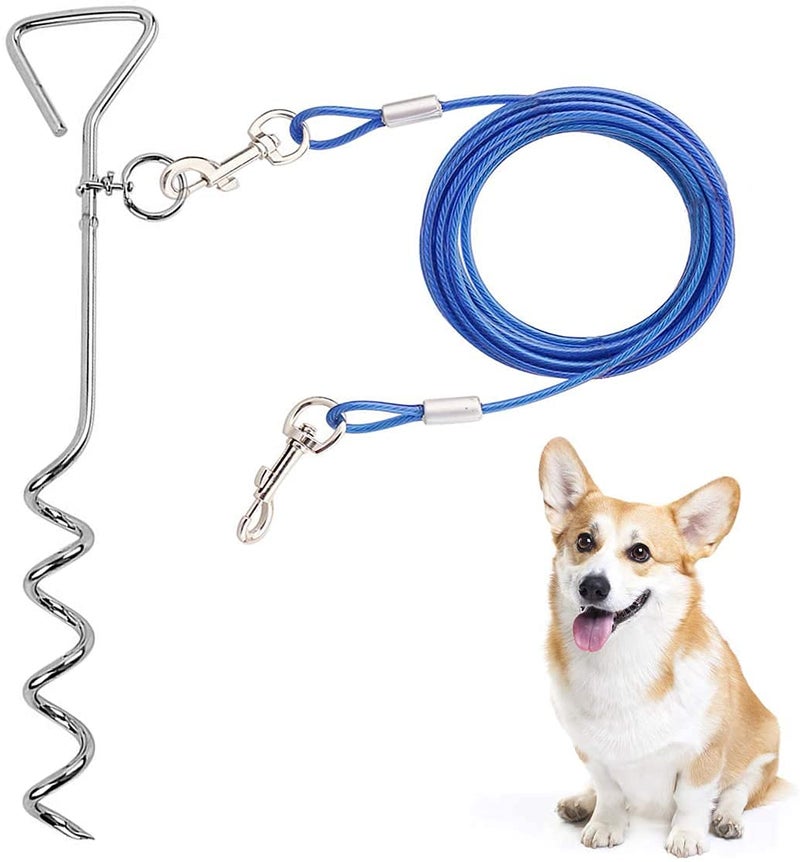 CLKHOWL Dog Stake Tie Out Cable - 16/30" Anti Rust Reflective Stake for Medium Large Dogs Up to 125 lbs, Dog Cable Runner and Metal Hooks for Yard, Camping, or Outdoors (Blue, 16FT) - Image 1
